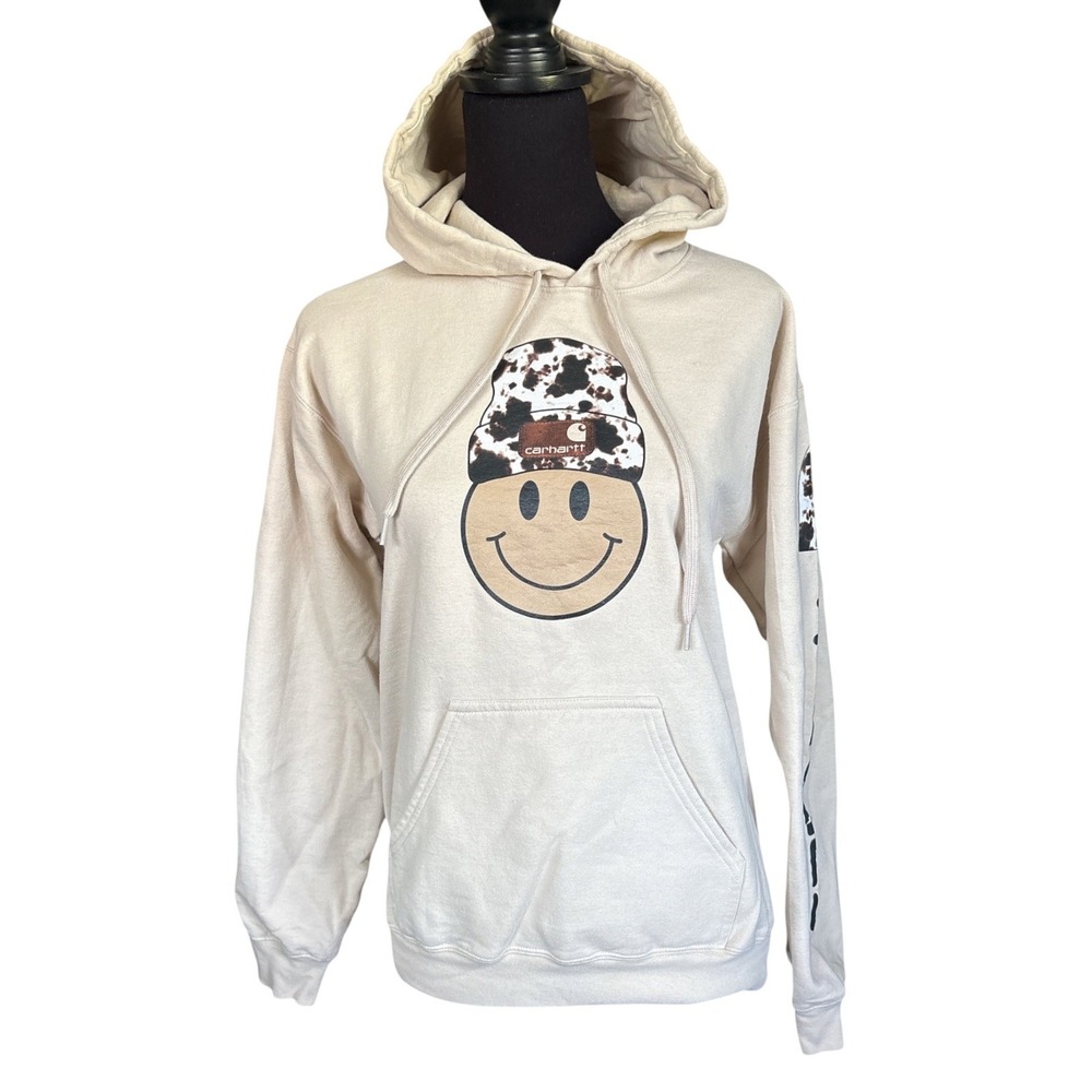 Gildan Tan Hoodie W/Smiley Face Wearing Cow Print Beanie W/Carh*rtt Logo, Small